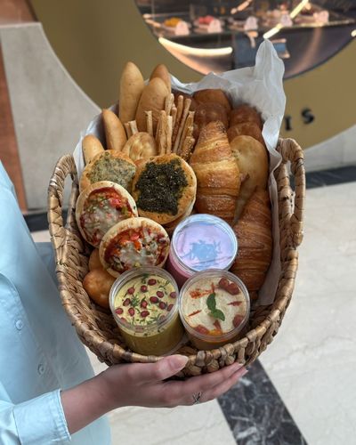 breakfast basket -4 - Croissant ,Olive Bread, Batbuoth
Bread, Amaericano Bread, Assorted Bread Roll, Assorted Mini Veg/Cheese/Zaatar
BEETROOT HUMMS, MASALA HUMMUS , HUMMUS