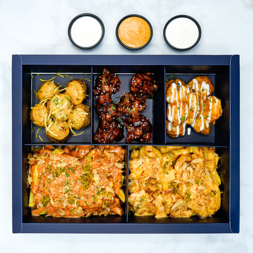 Appetizers Box - Get 5 different starters, fusion fries, savor fries, savor shrimp, BBQ chicken wings and potato chicken balls.