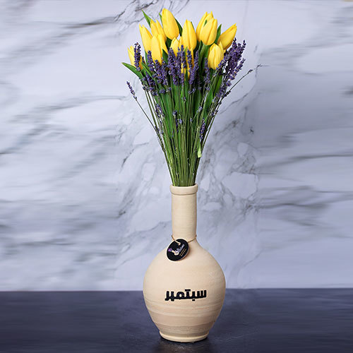 Long Fukhar 4 - long fukhar with yellow tulips and lavendar.   Hight : 60 cm width : 15 cm 
 Letter or month of your choice ( please choose a letter or month,not both) ** Disclaimer: The colors of the flowers may vary depending on availability