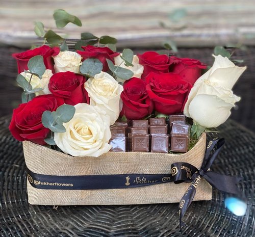 Red + White - Red & White Roses +Chocolate 
 
 
 ** Disclaimer: The colors of the flowers may vary depending on availability