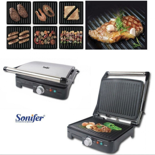 sonifer electric grill sf-6058 - 20V Stainless steel Household 1800W Electric Grill FEATURES Stainless steel housing cover Non-stick coating plate Overheat Protection Floating hinge system automatically adjusts to any size of toast,snacks or meat. Drip tray captures fats and juice from grilling for later disposal Cord storage Power & ready lights With Skid-resistant.