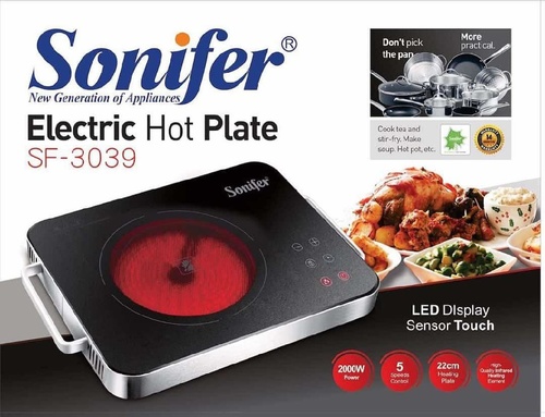 sonifer electric ceramic cook top sf-3043 - Sonifer Electric Hot Plate SF-3043 6pcs/ctn.CBM 0.104m³
.4 Digits LED display
.Knob and touch control
.Polish micro crystal and glass surface
.Stainless steel body
.20Sage power settings
.Automatic safety switch off
.180 Mins timer
.AC220-240V 50/60Hz 2000W