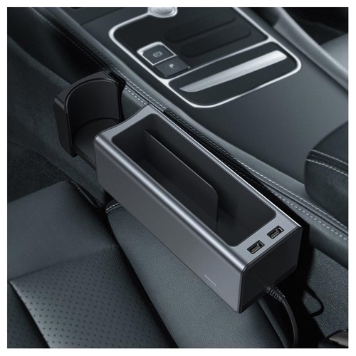 baseus deluxe metal armrest console organizer - fit in with car interiorDual USB ports, support charging two devices at the same timeRetractable hidden cup holder, can expand to place a cup, ashtray, car freshener, etc. and folds away to safe spaceCompact and secure for center consoleUnrestricted seat adjustment, flexible and pratical