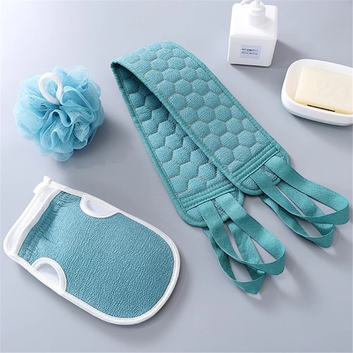 Bathing cloth (3pcs) - The distinctive shower set contains 3 pieces (body loofah)..
 Includes exfoliating glove
 Retinal fiber (circular)
 Longitudinal loofah for the back
 Make your own complete body cleaning tools