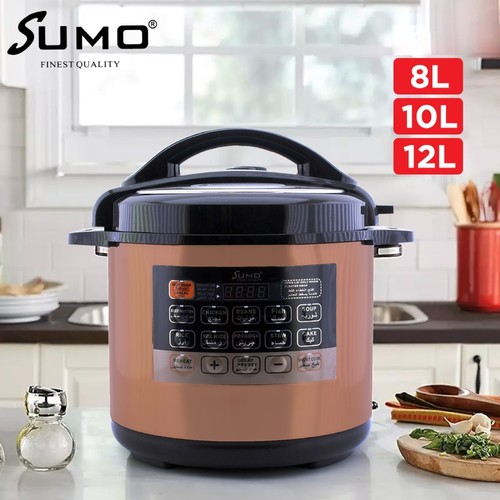 Sumo electric pressure cooker 6,8,10,12liter - Brand: SumoPower: 1000W,1300W,1600WCapacity: 6L,8L,10L,12L-Adjustable period to keep pressure- Automatic keep warm function-Great for Mandy, Stuffed food, Kabsah, Cake, and Soup-Easy to control cooking progress-Easy-to-program timer indicates the cooking progress-Easy to clean detachable inner lid-Durable and non-stick inner pot-Digital Timer and light indicator-Safety protection systems-Auto pressure release device to ensure safety during cooking