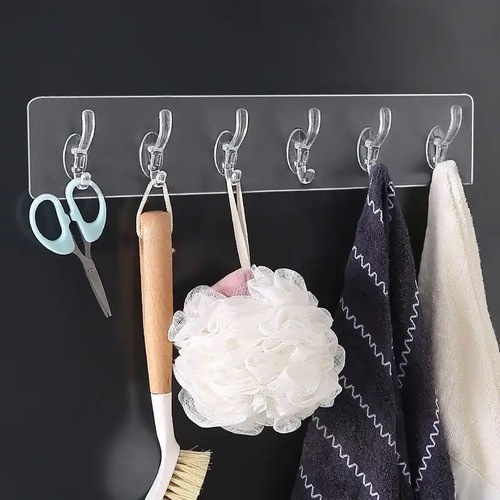 flexiable hooks - Flexible adhesive hooks, 6 hooks, multi-purpose. 
 Made of high quality PVC plastic, durable and rust-proof. The adhesive is strong and firm, making it ideal for many uses around the home and allowing you to store and hang securely without drilling; Garbage organizer envelopes, coat racks, towels, umbrellas, wallet, hat, main work tools, etc. 
 Maximum load capacity of 5kg per hook. Thanks to its transparency, it adapts to any environment and we recommend placing it on a smooth or hard surface, such as metal, tiles, marble, wood, mirrors, plexiglass, etc. Make sure the surface is dry and free of oil, grease and anything else that could prevent sticking before applying 
 
 
 Easy to install, without damaging the wall and no tools like hammer or drill needed. 
 . It is also removable without leaving residue, just heat the sticker  for a few minutes and then gradually separate it from the wall.