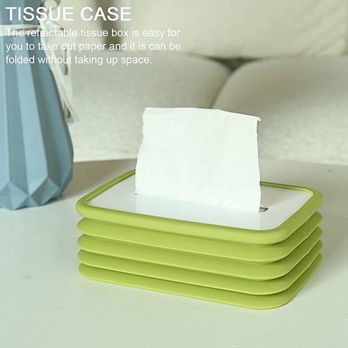 Tissue Box Collapsible - Foldable silicone tissue box , which does not take up space, and will drop down automatically, each piece of paper can be easily extracted and easy to install by opening the cover, then putting the tissue and inserting the top.  Widely used in the car, bathroom, kitchen, office, bedroom, living room, dining room, etc.   Easy to clean 
   washable 
   Shape: rectangle 
   Size: Height 8cm x Length 21cm x Width 14cm 
   Material: silicone