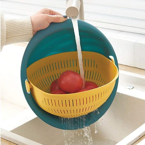 Double layer vegetable washing basket - This drain basket is perfect for washing vegetables, washing fruits and everyday cleaning use. 
  Reusable
 
  Anti-fall, 360-degree rotation, just tap out to take out the inner disc, empty and drain, clean fruits and vegetables, saving time and effort 
 The bottom four corners are raised design, anti-skid and dirt-resistant, no burrs and no paddles, practical and convenient 
 Drain basket size: 
 28cm*26.2cm*12.5cm 
 Drain basket color: green and yellow