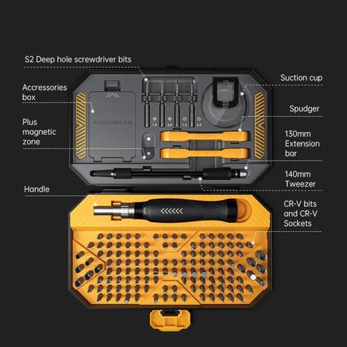 145 in 1 multipurpose hand screwdriver set - 145-in-1 Screwdriver Set The tool kit contains every possible 
accessory you might need to maintain smartphones, laptops, and other 
electronic products. 
 116-piece screwdriver bits including hex, cross-head, slotted, square, and more. 
  Screwdriver bits with phosphating and antirust treatment on the surface, stable and high hardness. 
  Flexible shaft and magnet to fit the angle you need. 
 The
 screwdriver head has a magnetic grip for a firm grip, anti-slip handle 
design and a 360-degree rotatable cap for convenient use.