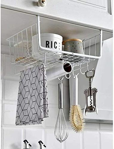 Storage basket hanging under cabinet - Multifunctional steel storage basket. 
 Hanging design under the cabinet 
 Modern and space saving 
 It contains 5 hooks and two holders under the basket. 
 This
 wire basket will be a great storage rack for holding cups, plates, hand
 towels, napkins, lids, or anything else you might need. 
 
 
 Size: 28.5 cm ✖️ 26 cm ✖️ 20 cm