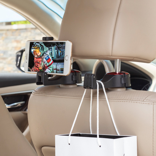 Back Seat Hanger Holder - 2
 in 1 newest design, integrate car headrest hooks with phone holders, 
free your hands so you can enjoy movies or music from your phone in car 
during a long and tired trip.Perfect
 Car Organizer: Car headrest hook organiser is great for hanging 
groceries, clothes, umbrella, handbags, water bottles, kid's toys, baby 
supplies and so on.Space
 Saver: Universal car headrest hooks can organize your back seat and 
floor debris, you can hide the hook when not in use to ensure, maintain 
the bigger activity space.Strong
 Bearing Capacity: The car hooks made of high quality abs material 
silicone rubber, durable and environmentally friendly. maximum load 
17lb/per hook.Easy
 to Install: Simply buckle the metal headrest post ,The hook designed 
with lock cover buckle, more stable and does not fall off, suitable for 
most cars.