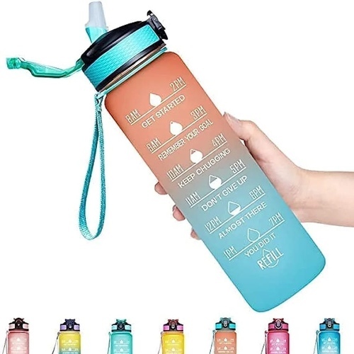 Sport Water Bottle 1L - MOTIVATIONAL
 QUOTE & TIME MARKER- Flask With unique inspirational quote and time
 markers on it, this water bottle is great for measuring your daily 
intake of water, reminding you stay hydrated and drink enough water 
throughout the day. A must have for any fitness goals including weight 
loss, appetite control and overall health.FUNCTIONAL
 DESIGN- The flip top lid is designed with a secure lock, making it dust
 and leak proof. Simply open with one hand by clicking the button. 
Feature with a silicone straw which allows you to enjoy spill-proof 
sipping. With a tough carry-strap and a special reflective frosted 
casing that reacts uniquely to your environment. The mouth is wide 
enough to fit ice cubes, also easy to clean.BPA
 & TOXIN FREE- Made of quality tritan co-polyester plastic, this 
water bottle is 100% BPA & TOXIN FREE, odour free and healthy for 
your daily water drinking. Perfect for hiking, cycling, biking, camping,
 running, Yoga or any other sports at home, the gym, school or in the 
office.A
 PERFECT GIFT CHOICE- Coming with 1 liter / 32oz large capacity and a 
variety of vibrant colors and cute patterns choices, this excellent 
bottle is the best present idea for yourselves, friends, family members,
 coworkers, women & men, Girls & Boys who enjoy a healthy 
lifestyle.USE TIPS-Do not drop it; Not dishwasher safe; Clean with baking soda and vinegar.Bottle typePlastic, leak Proff CapsColourBlue & PinkCapacity1 Liters