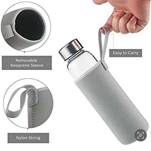 Borosilicate Glass Water Bottle With Lid - It offers a stylish and clear method to carry water with you all day.
 The glass will not retain any odor or taste for consistently 
fresh-tasting water . Additionally it has an integrated top handle as 
you can use it to carry the bottle with one finger. also it has silver 
lid Product FeaturesCapacity: 550 ml Weight: 0.3 Kg Material: Glass Color: black