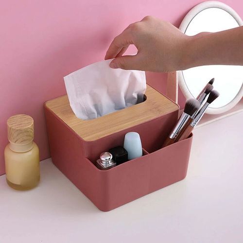 Tissue box with two storage slots - Scandinavian style tissue box with wooden lid with two slots to 
organize and store remote control, pens, makeup brushes and more. 
 Sleek and simple design Made of wood and polypropylene, it is lightweight and sturdy. , 
 Suitable for home, office, etc.. 
 It has a wide opening for easy removal of tissues. 
 You can put it anywhere you like, because this versatile tissue box is suitable for many occasions. 
 
 
 Measurement: Height ✖️ Width ✖️ Depth 
 16 ✖️15.5 ✖️10 cm