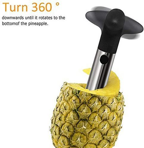 Pineapple cutter - Stainless steel pineapple slicer. 360 degree cutting 
 The
 slicer peels, cores and cuts a pineapple in just 20 to 30 seconds as it
 slices into perfectly formed rings. Simply press the top into the 
cutter and roll, a single slice, or the whole pineapple in one go. 
 Easy to use, easy to wash