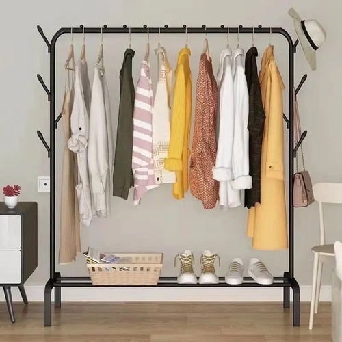 Clothes rack with multi-use shelf - Clothes hanger with shelf for storing and arranging shoes and bags. 
 8 side hooks, 
 in black 
 Made of stainless steel 
 Measurement: Height ✖️ Width ✖️ Depth 
 150 cm ✖️110 cm ✖️40