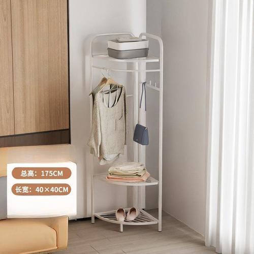 Corner clothes rack with 3 shelves - The metal clothes hanger features a modern and beautiful corner design. Matches with almost any decor 
 3 versatile shelves for storing bags, shoes, and more 
 Durable metal clothes hanger. 
 the color is white 
 Size: Depth 40 * Width 40 * Height 175 cm