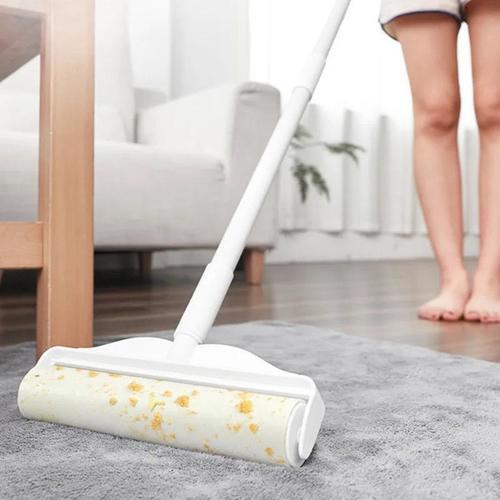 Lint and Hair Sticky Sweeper with Extendable Handle - Sticky broom to remove dust, hair and pet dander with an extendable handle to reach difficult places. 
 The sticky broom can collect dust, hair, and lint tightly without leaving any traces. 
 It has strong adhesion 
 Cleaning of beds, carpets, floors, clothes etc. 
 The
 handle is detachable, easy to carry and use, and extensible, which can 
be adjusted to the appropriate length to meet your needs. 
 
 
 The roll contains 60 sticky notes, enough for your needs, you can also tear it, throw it away and finish the cleanup. 
 There is a cover to prevent dust from entering the adhesive tape