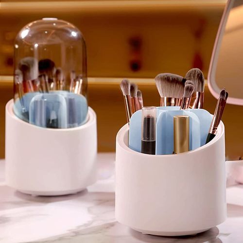 Rotating cosmetic brush organizer with lid - The makeup and brush organizer is 360° rotatable with a cool design 
that can store eyebrow pencils, eyeliner pencils, makeup pencils, and 
more. Rotatable base, move to your preferred angle to use and view. 
 The makeup brush organizer has a dome shaped cover that holds your brushes clean, hygienic, and free from dust or stains. 
 Easy to clean The compartment divider can be easily removed for cleaning. 
 Suitable for all sizes of makeup brushes