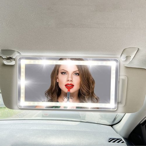 Car sun visor mirror with light - Car Vanity Mirror, Rechargeable with 3 Lighting Modes and 60 LED Lights - Dimmable Vanity Mirror with Clip Mount 
 
 
 Material: ABS 
 Color: black, white 
 Product size: 26 x 13.5 x 0.9cm / 10.23 x 5.31x0.35in 
 
 
 Dimmable
 Colored LED Lights - 40% brighter than normal bulbs, 60% less power 
consumption, and has a memory function to keep the color and brightness 
until you turn it off. Rest your mirror on your sun visor so that the 
light shines evenly on your face. With flawless lighting, you can use 
this mirror to apply makeup with flawless results. It includes 3 color 
light modes and a stepless dimming function that can be dimmed or 
enhanced to suit your needs. Long press the black color you need, 
1500mAh battery, charging time: 2 hours, using time: 20 minutes per day,
 can be used for more than 3 weeks