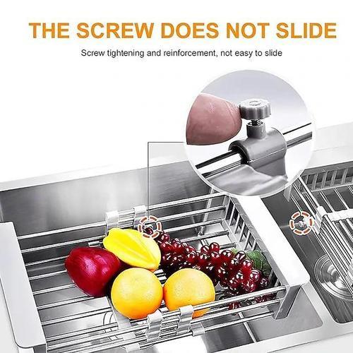 Extendable drain rack - Multifunctional sink drain rack. 
 Extendable design makes drying dishes and washing fruits and vegetables easier. 
 Made of stainless steel and ABS materials. 
 Length before stretching: 30 cm 
 Length after stretching: 45 cm