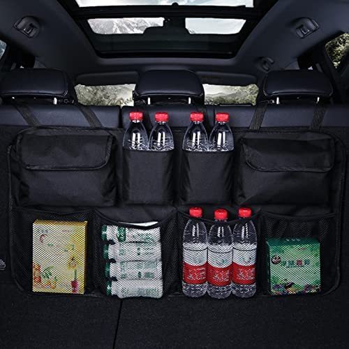 Car Seat Organizer, 8 Storage Pockets - Extra large capacity, with 4 different pockets and 4 mesh pockets, 
can carry drinks, snacks, umbrellas, camera and other things you need. 
 Strap with adjustable buckle, easy to install and separate. 
 The hanging car organiser is made of high quality polyester Oxford fabric, sturdy and durable and can be used for a long time.Easy to store when not in use, easily foldable. It does not take up space and becomes storeable.
Simple
 installation Just hang it on the headrest, the ultra-capacity rear seat
 suspension organiser can be installed on the car without tools and is 
very suitable for installation.
Versatile uses shopping wrapper or other delicate objects such as umbrellas, crutches and waterproof hanging car organiser,
Size: 89 x 36 cm.
Weight: 270 g