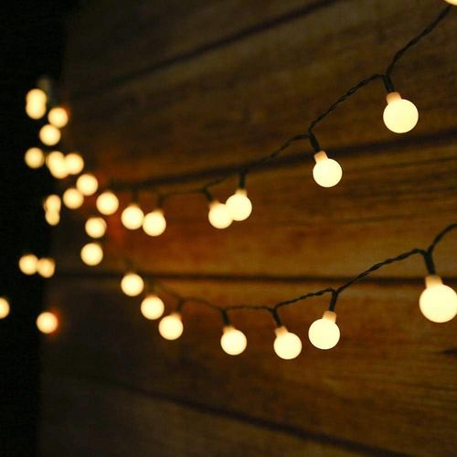 Solar string light 50 balls - Warm White Solar String Light 50 LED Balls 
  The length of 7 chain is 7 meters 
  The surface of the ball is made of shatterproof reinforced plastic, which is waterproof and dustproof 
    The diameter of the ball is only 19mm, and the size is small and beautiful. 
  Charged by sunlight in the daytime, no plug or cable needed, eco-friendly and energy saving solar string lights. 
   The string lights support IP 44 
  Water resistant, but you can't put the string of lights directly into the water. 
    The solar light string can be used approximately 10-12 hours working at night after fully charged. 
  
 This solar string light has 8 light effects, including combination, in 
wave, sequential, flash, slow fading, twinkle, steady on.