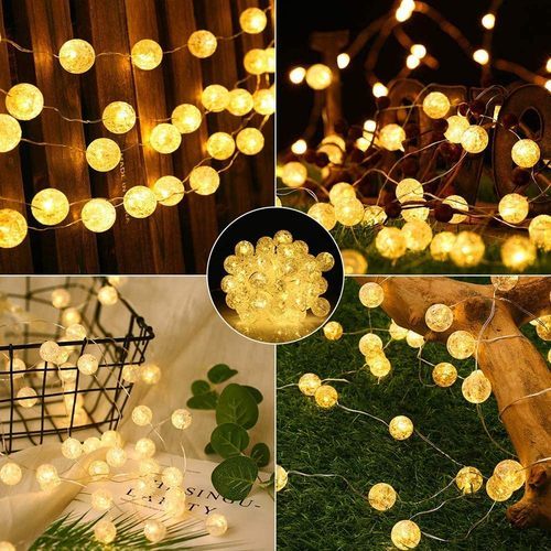 Crystal ball string light 20 balls - The crystal ball string lights contain 20 LED balls that glow warmly 
to create a wonderful and romantic atmosphere.  It works up to 8-10 
hours on a full charge.  The chain is durable and perfect for your 
garden, trees, windows, patio and home. 
  Solar powered 
crystal fairy lights with built-in 1000mAh battery, energy saving and 
environmental protection.  Light sensor built into the solar panel, this
 globe turns on automatically in the dark and turns off automatically 
during the day. 
    Ultra-thin silver string lights are 
durable, flexible, and suitable for plants, signs, walls, furniture, and
 almost anything you want, bent and shaped.  The LED light does not get 
hot and the silver wire is insulated.  Safe to touch even after 
prolonged use, low power consumption. 
    8 different 
modes: steady light, twinkle, merge, glow worms twinkle, waves, fade, 
twinkle and slow fade.  With the memory function, you don't have to 
reset every day.  Just press the Mode button to select the appropriate 
mode. 
   Supports IP 65 
  Water and dust resistant 
   Perfect for both indoor and outdoor use.