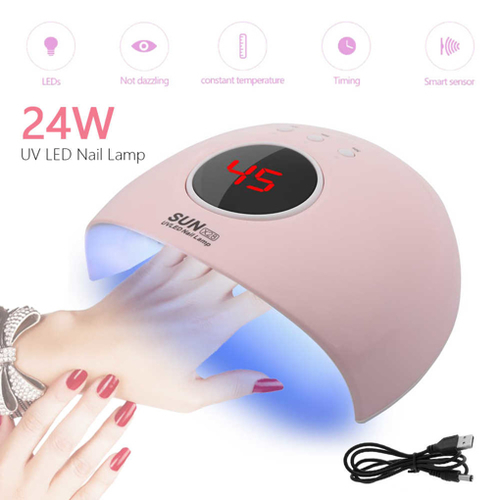 Nail drying lamp - A unique and advanced device for drying all types of nail polishes 
such as acrylic, gel and resin using UV and LED heating lamps. 
 
 
  
 The device is equipped with a digital screen to determine the required 
time and is equipped with a sensor to operate once a hand or foot is 
placed inside the device 
 
 
   The device works with electricity or USB 
 
 
 
 
   1. Infrared intelligent induction (30 seconds, 60 seconds and 90 seconds timing) 
   2. LCD screen 
   3. Bottom cooling hole 
 
 
   Product information: 
   Material: plastic liner 
   Power: 24 watts 
   Number of lamp beads: 12 UV / LED dual light sources 
   Rated output: 100-240V AC 50/60Hz 1A 
   Wavelength: 365 + 405 mm 
   Product size: 17.5 * 16 * 8cm