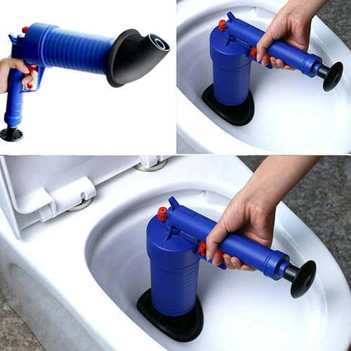 High pressure gun for bathroom - High-pressure gun, to treat clogged pipes, toilets and basins Comes with 5cm, 6cm, 11.5cm, 20.5cm, and 4 different-sized heads to suit your needs. Safer than corrosive chemicals, with pressure release safety valve. Helps clean structures, in tubs, pipes, and drains. Hair, cloth, food scraps, papers, and grease from the blockage can all be dealt with. Color: Blue Material: ABS gun body, PVC dead-end head (1) Before use, the plug (head) should be positioned according to the size of the pipe diameter, and the shape to select for installation. (2) After the 