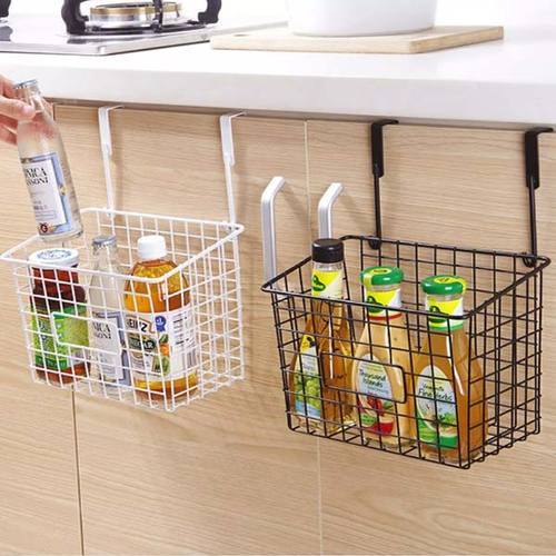 Hanging storage basket - Multi-Purpose Metal Hanging Storage Basket To Organize Items Neatly In The Kitchen And Bathroom Can be hung on cabinet doors with a thickness of no more than 2.5 cm. Easy to install and remove Easy to clean Strong and durable Holds up to 10 lbs Size: Height 4.7