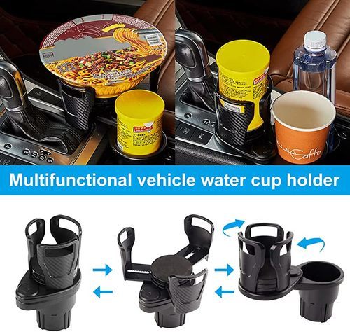 2 in 1 car cups holder - When you carry a kettle with you, and buy coffee or drinks, you don't have to worry about where to put the mug. With the multifunctional, 360-degree rotatable dual expandable car cup holder  You can also put other items in car cup holders.  Non-slip cup holder base, if there is a gap between the installation position and the cup holder base, you should use a sponge pad to fill it, which can reduce the vibration and make the cup holder more stable.  You can store fries, hamburgers, snacks or a mobile phone in the top cup holder. The modified base car cup holder is suitable for various types of cars, suitable for motorcycles, boats, and trucks.
 The above extender can be rotated 360 degrees without dead angle, and can be adjusted to different positions you need. The cup holder has an expandable adapter, it can hold most cups from 2.9 to 5.9 inches, and it can also hold accessories such as iPad, mobile phone, Material: High Quality ABS Colour: carbon fibre