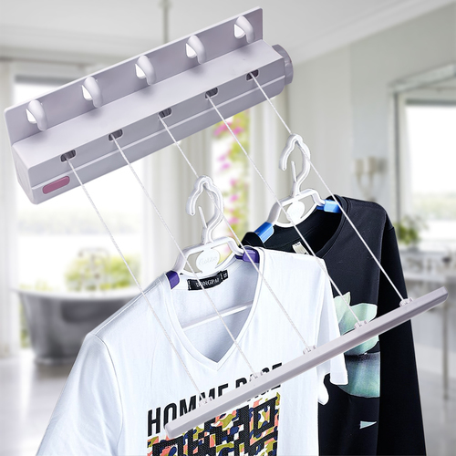 Retractable clothes dryer, 5 lines - 5 cloth strips wall-mounted, retractable for drying clothes  Frame made of plastic, with 5 hooks Canvas stripes length: 5 x 3.75 m - Practical drying lines, for the bathroom, kitchen, balcony, or terrace. - Compact retractable, saving a lot of space.
 - Easy to install between two walls, and can be extended without limitation up to 3.75m - The clothing line is always kept clean and dust free in its packaging.