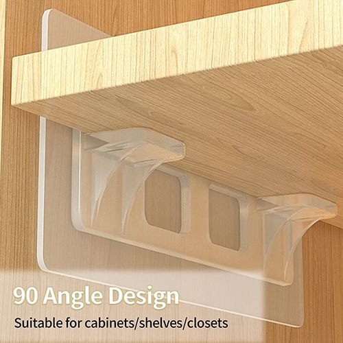 Shelves holder , 2pcs - Adhesive transparent shelf holder, durable, high load-bearing capacity. Very suitable for all kinds of kitchen shelves, shoe racks, refrigerators, wardrobes, bookcases, cupboards, etc. Bonds firmly with hard and soft surfaces of metal, glass, marble, tile, plastic, wood, stainless steel, etc.  Made of high-quality acrylic, it is waterproof and moisture-proof and is suitable for cabinets of various styles and materials. And strong bearing capacity. can support up to 5kg / 11lbs,