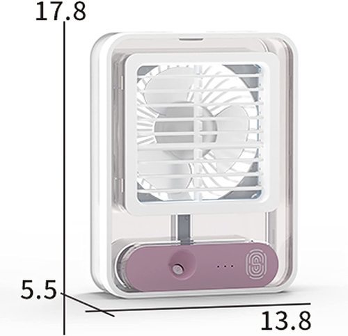 Transparent fan with humidifying mist and light - Desktop cooling fan, transparent body design, 3 adjustable wind speeds, nano spray technology, ambient night light, adjustable net 
  Using the same spray technology used in the water supply, the water mist is sprayed at nanometer scales 
    Ambient night light design allows you to sleep soundly.  It turns on when pressed 
  It adopts adjustable mesh design which allows you to freely control the air direction. 
   Battery capacity: 1500 mAh 
   Product size: 5.4 x 2.2 x 7.0 in (13.8 x 5.5 x 17.8 cm). 
   Charging method: rechargeable battery / USB charging.