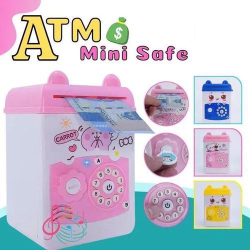 Small piggy bank - With this safe piggy bank, you can teach your child how to save in the safe 
    Saving method by inserting banknotes or coins at the top. 
   To take the money just open the lock and the button in front of it 
   Includes keys and play coins 
   There is a music feature so the kids are happier 
   Size: 12 x 11 x 17 cm