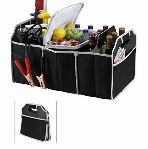 Foldable trunk organizer - Reclaim trunk space with the Collapsible Trunk Organizer.  With three oversized compartments.  You have plenty of space to store cleaning supplies, maps, emergency gear, and groceries.  Folds flat for storage.  Heavy duty non-woven material. 
   1. Perfect for car tools, cleaning supplies, cords, etc. 
   2. Put in the trunk for secure shopping - load directly from the trolley into the luggage compartment. 
  Made of durable and sturdy PU fabric construction. There are pockets on the outer side 
   3.Large compartments Strong poly-canvas construction pockets located on the outer side - great for storing maps and other documents Collapsible, folds flat when not in use,