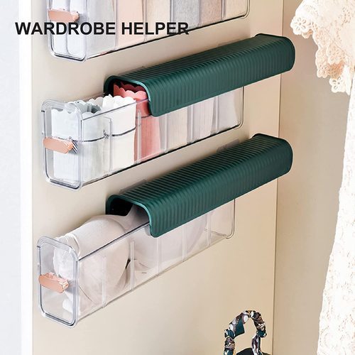 Multifunctional Hanging Transparent Organizer (6 Cells) - self-adhesive wall-mounted storage box, 
  It can be attached firmly to a smooth wall surface.  And make full use of the wall space to save space 
  Not only underwear, but also daily use items, such as hair accessories and office items, can be kept close at hand for easy access, make the most of wasted space, and can also decorate the appearance of office and bathroom. 
  You can remove barriers and design cells to suit your needs 
  The size of this organizer box is about 36 x 11 x 8 cm (14 x 4 x 3 inches), which will not occupy much space in your bathroom, kitchen, and has a good storage capacity. 
    Clear acrylic design for easy placement and taking.  It is easy to open and close, dust-proof, and keep items clean.  The transparent panel makes objects clear and visible and reduces searching. 
  This storage box is designed with a lid to prevent water and dust from entering the box, thus avoiding dirt from coming into contact with your socks and panties.