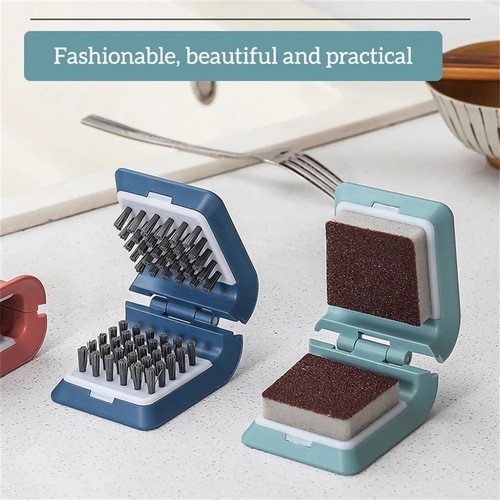 2-in-1 foldable cleaning brush - With a foldable structure and dense bristle design, the cleaning brush can effectively remove oil stains on plate and spoons. It contains two brush heads and two sponge heads that can be replaced according to the need. The cleaning brush is compact in size, comfortable grip, and is detachable for easy replacement of the brush head type.
 Made of plastic and nylon material, it is long-lasting.
 The brush is 9 cm long, 7.5 cm wide and 5 cm high. It is a perfect tool for you to use in the kitchen, bathroom, etc.  Multifunctional, comfortable, anti-corrosion  Contains: 1 x cleaning brush 2 x Sponge Brush Heads 2 x Nylon Brush Heads