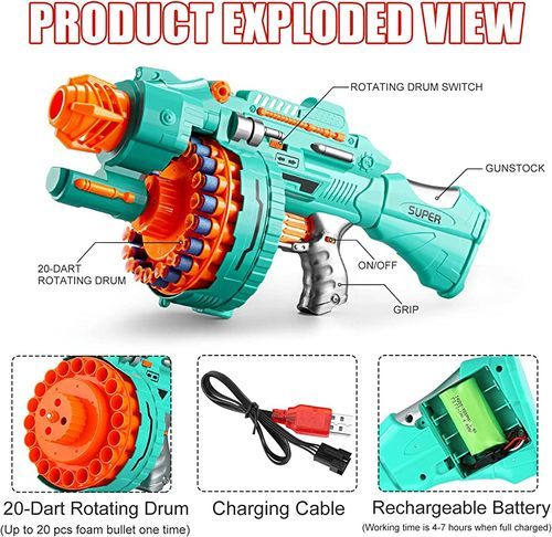 Arrow machine gun - Automatic arrow gun with 40 bullets and target board for kids. 
  It develops children's interest and adventurous imagination. 
  It contains a bullet storage cylinder that can hold up to 20 rounds 
  Motorized electric shot for a long distance of 35-50 feet 
   -USB rechargeable battery 
 
 
  comments 
   Do not shoot in the face. 
   - Children under 6 years old should play the gun under adult supervision. 
   Our toy guns are well designed and generally won't get stuck under normal operation.  In the event of a jam, the drum will activate the protection mechanism to automatically shut down.  At this point, simply open the gun head and remove the stuck bullets to resume normal work.