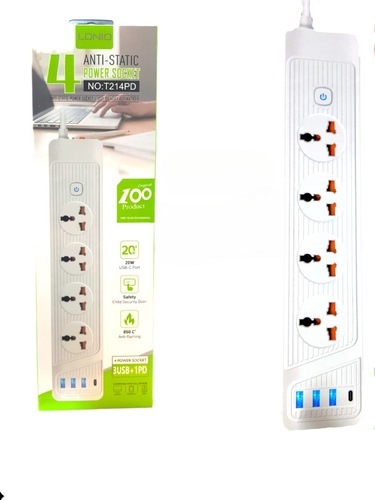 Power cord 3 port USB A, and port C (PD) - LDNIO Power strip with 4 Sockets, 3 USB Ports, and 1 USB-C (PD) 20W White color Cable length: 2.0m