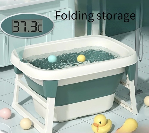 Foldable baby bathtub - The baby bathtub is foldable for easy storage. It is a compact, multi-functional design, equipped with a thermal thermometer, fixed legs with non-slip rubber pads, a hole for placing the shower, a hole for hanging it above the basin, and a hole for draining water.
  The edges of the basin are safe and stable, suitable for the entire body The thermometer is located on the edge of the tub, so you can easily monitor the water temperature when giving your baby a bath, the baby will not feel too hot or cold. The bathtub folds easily and takes little space to store.  You can use it from birth and it is suitable for daily and seasonal use.