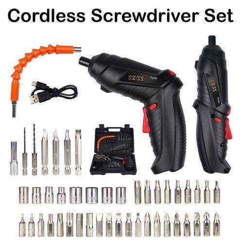 47-piece cordless screwdriver set - 1. This electric screwdriver is small, lightweight, compact and very portable.   2. The magnetic socket of the mini screwdriver set can quickly change bits.   3. This screwdriver has a USB port and can be charged anytime and anywhere.   4. The rechargeable screwdriver can be folded at an angle of 90 degrees to meet different working environments.   5. This mini cordless screwdriver is mainly used for wood drilling, holes, screws, furniture installation. Power supply: 3.6 volts   Battery: 1300 mAh   Battery model: 18650 lithium battery (built-in)   Maximum distortion: 3 nm   Speed: 220 revolutions per minute.   Hex diameter: about 6.35mm   Charging time: 3-5 hours.