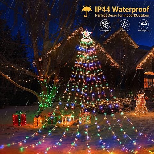 Star waterfall - 340 LEDs 9 Strings with Star, Upgraded LED Light, 9 Strings 36 LEDs 
Each, Illuminate Your Home or Patio with Distinctive Waterfall Lights 
   The decorative string lights with star top can be easily assembled and hung by the top hanging hole, without taking up space 
 
 
  
 You can hang the star cascade to decorate your curtain, room and 
window.  Just hang the big star about 10 feet high on an outdoor 
curtain/wall/tree, then hang the 9 star string lights on the ground. 
 Indoor and outdoor decorations. 
 
 
   Customize: 
 
 
   Color: Multicolor 
 
 
   Weight: 800 grams 
 
 
   Five-pointed star size: 36.5 * 30 * 1.85cm 
 
 
   Pentagram: 26LED 
 
 
   Light series: 
  3.5 meters long 
   Color: as shown 
 
 
    The adapter has a button to control 8 different light patterns 
  Water and dust resistant 
  
  Less energy and lower cost of operation, allowing you to save in the 
long run;  Made of insulated copper and plastic, it stays cool even 
after extended periods of use, so it will last for years without burning