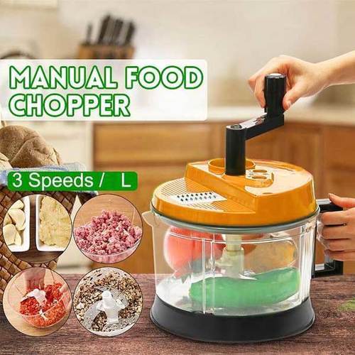 Manual Vegetable Food Chopper Grinder 3 Liter - 3L Manual Vegetable Food Chopper is a great kitchen tool for home use.  It is very convenient and fast Easy to clean
 Capacity: 3 liters
   It is very easy to disassemble Perfect for chopping food quickly
 Anti-slip base and transparent body
   Speed: 3 different moving speeds   Material: stainless steel blade, ABS + PP   Size: 15cm x 16.5cm