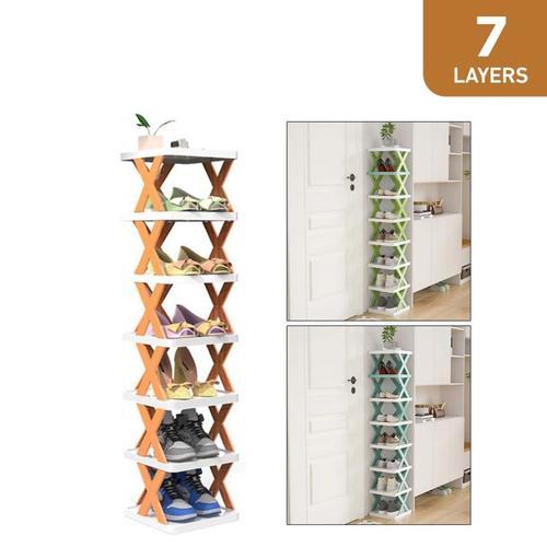 7 layer shoe organizer - 7-tier collapsible shoe organizer for small spaces Shoe organizer with a fresh and elegant design, designed for small spaces.  It can be assembled quickly and easily without the need for tools.   It is made of durable material and can hold many pairs of shoes.  It can be assembled in more than one style to suit your space   Material: PP plastic   Product dimensions: 26 x 24 x 127 cm