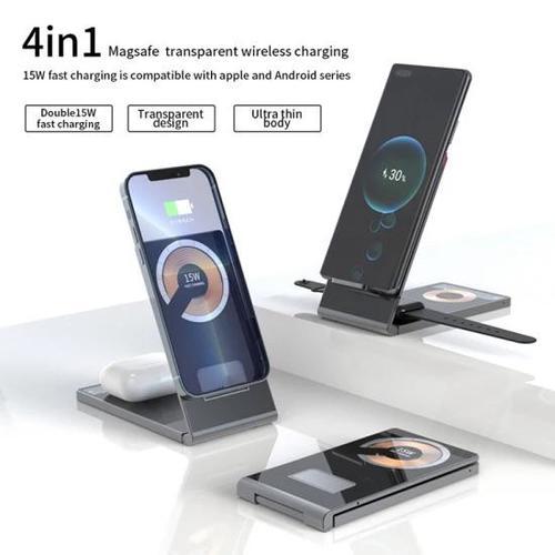 4 in 1 foldable wireless charger - 4-in-1 magnetic wireless charger for mobile phones, watches, and wireless speakers.  The aluminum body and clear glass materials make it durable and resistant to scratches and damage.  It also offers a sleek and modern look, adding a touch of elegance to your workspace or home as a practical and fashionable accessory.  It also contains a small base to be used as a phone holder when not charging   180-degree foldable design is easy to carry and store as a slim case, making it travel-friendly.  When opened, it can be used as a charging stand that charges multiple devices simultaneously.  Ability:   Input: 5VZA / 9V / 2A    Phone wireless output: 15 watts    Clock wireless output: 5W   16: Airpods Output: 3W   17: Size: 129 * 69 * 11mm