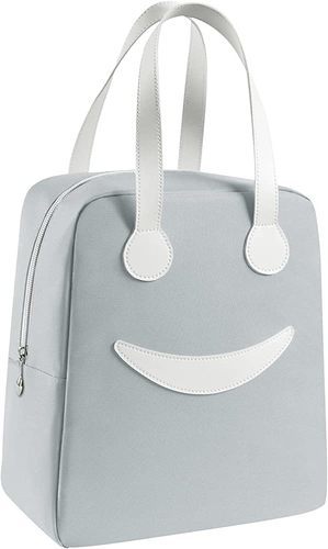 Lunch Bag - Stylish lunch bag Cute smiley face design, give you a good mood every
 day.  Perfect reusable lunch bag for women, office, camping, picnic, 
beach and outdoor travel. 
   Large capacity lunch bag 
measures 11 x 5.1 x 9.5 inches.  Large lunch bag provides enough space 
for your daily lunch, it can perfectly fit your lunch box, snacks, 
drinks, fruits and so on. 
   Triple-Layer Thermal 
Insulation The leak-proof interior is built from a combination of 
BPA-free aluminum liner, 4mm thick EPE foam, and oxford fabric that 
keeps food warm or at a chilled temperature for hours.  The thick 
aluminum foil lining is water and oil resistant and easy to clean. 
  
  The lunch box organizer features one reinforced PU leather handle on 
top, comfortable and sturdy.  The zipper of the lunch bag is smooth and 
won't stick.  The wide opening design makes it convenient for filling 
and eating.  Lightweight (only 7 ounces) and portable.