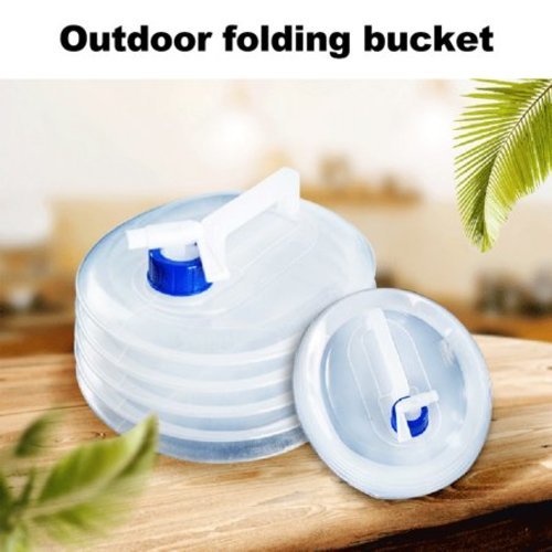 Collapsible Water Bucket 5 liter - Collapsible, you can fold it when not in use.  Safe and you can put potable water in it 
   Food grade PE, durable, reusable, safe, and you can put potable water in it. 
   Perfect for camping, hiking, climbing, emergencies, sports, travel and outdoor activities. 
   It comes with a water outlet that can adjust the water for easy use. 
   Foldable and portable to be kept, lightweight to carry in your backpack and reusable. 
 
 
   to set: 
   White color 
   Material: PE 
     5 liters 
   Weight: 120 grams