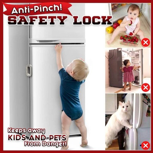 Multifunction lock - Anti-pinch refrigerator lock 
   a description: 
  
 Door lock system keeps your kids away from any accidents when opening 
the doors!  Not only for kids but also effective for pets to open doors. 
  
 Simple and easy installation, no other tools needed.  Stick on the side
 of the door and just click two buttons to open it.  Securely close any 
doors such as refrigerator, drawers, cupboards, etc. 
   
Easy to open and lock One-handed operation, by pulling the two lock 
buttons, it will unlock and unlock the door at the same time, 
self-locking system, when the door is closed, the lock will be locked 
automatically, no extra steps. 
   Special double button design makes it difficult for children to open but easy for adults to open with one hand. 
 
 
  
 Applicable to most doors of refrigerators, cabinets, drawers, sliding 
doors, etc.  Help install a door whose seal is not working properly. 
  
 Special O shape design can make installation and function much easier, 
nice and grippy area of ​​adhesive to install the lock, no drill or 
tools required.  Only 3 steps to install the fridge lock. 
   installation method 
   Step 1: Tear off the labels 
   Step 2: Stick the lock in the confirmed place 
   Step 3: Press and make sure the lock is stuck to the refrigerator 
   Customize: 
   Material: ABS 
   Color: grey, white 
   Size: 11.1 X 6.6 X 2.3 cm (4.37 X 2.61 X 0.91 in)